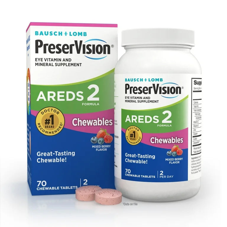 PreserVision AREDS 2 (by Bausch + Lomb - Eye Vitamin & Mineral Supplement | Contains Lutein, Vitamin C, Zeaxanthin, Zinc, Copper & Vitamin E | 70 Chewable Tablets; Exp 01/2026