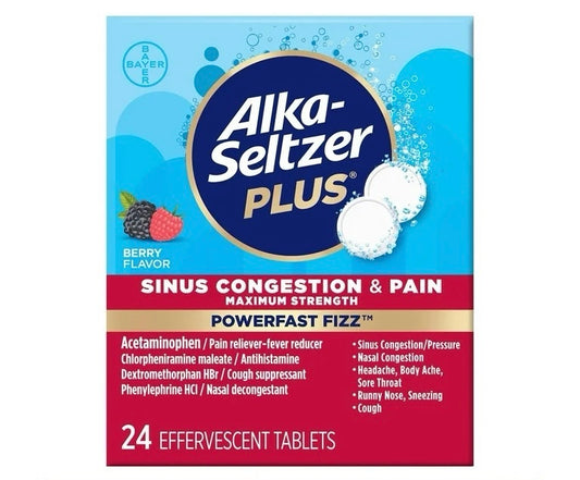 Alka-Seltzer (by Bayer) Plus Sinus Congestion & Pain | Maximum Strength | PowerFast Fizz Berry - 24 Effervescent Tablets; Exp Oct/2025