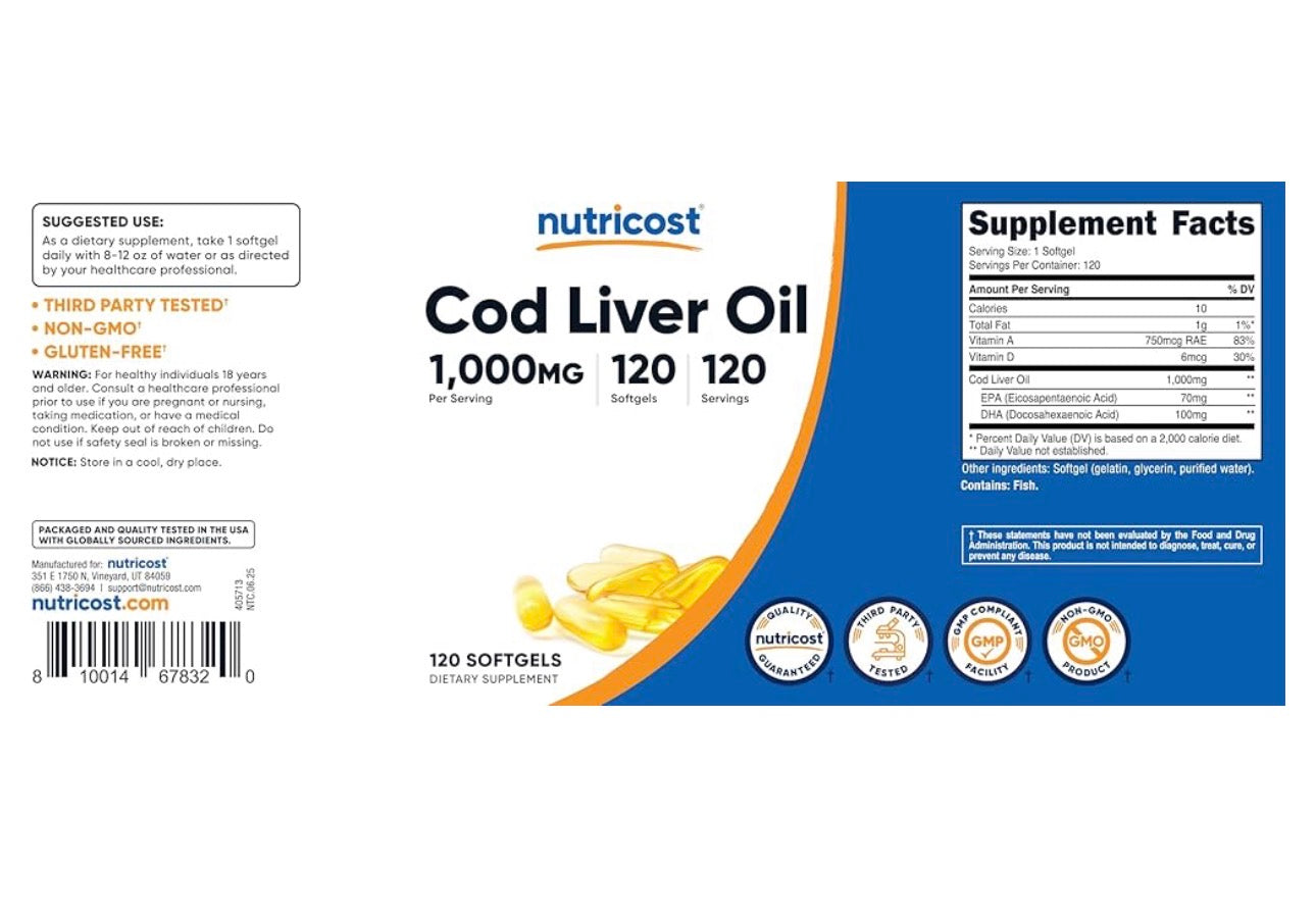 Nutricost Cod Liver Oil | Promotes Bone, Skin Health, Vision Support & Immune System Function w/High Absorption Vitamin A | 120 Softgels; Exp 07/2028