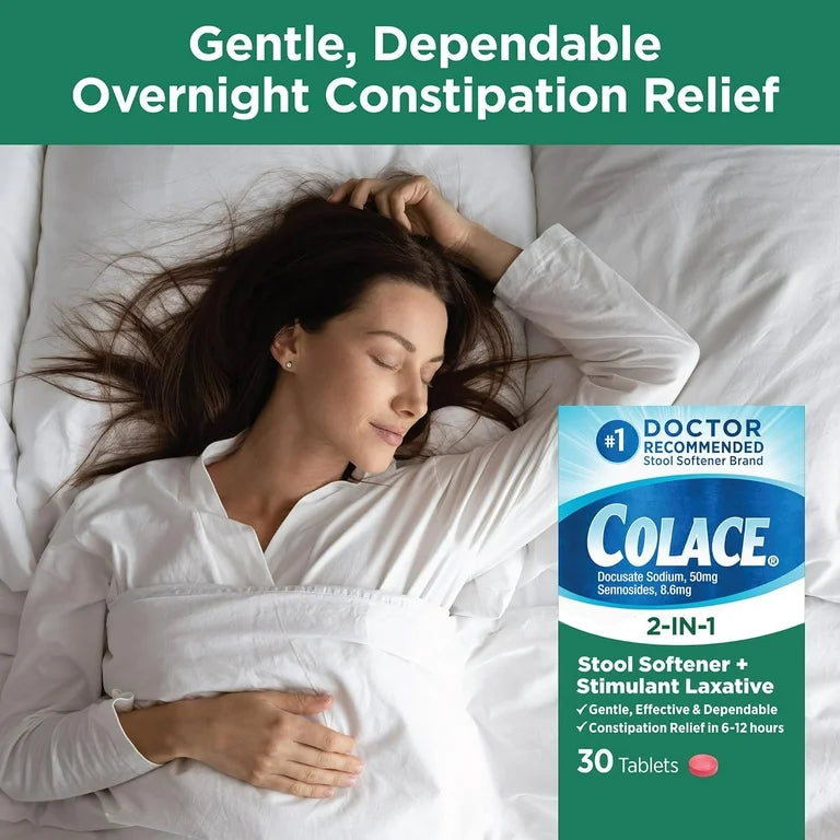 Colace 2-in-1 Stool Softener with Stimulant Laxative | Ducosate Sodium 50mg, Sennosodes 8.6mg | For Adults & Children above 2 Years Old | 30 Tablets; Exp 06/2027