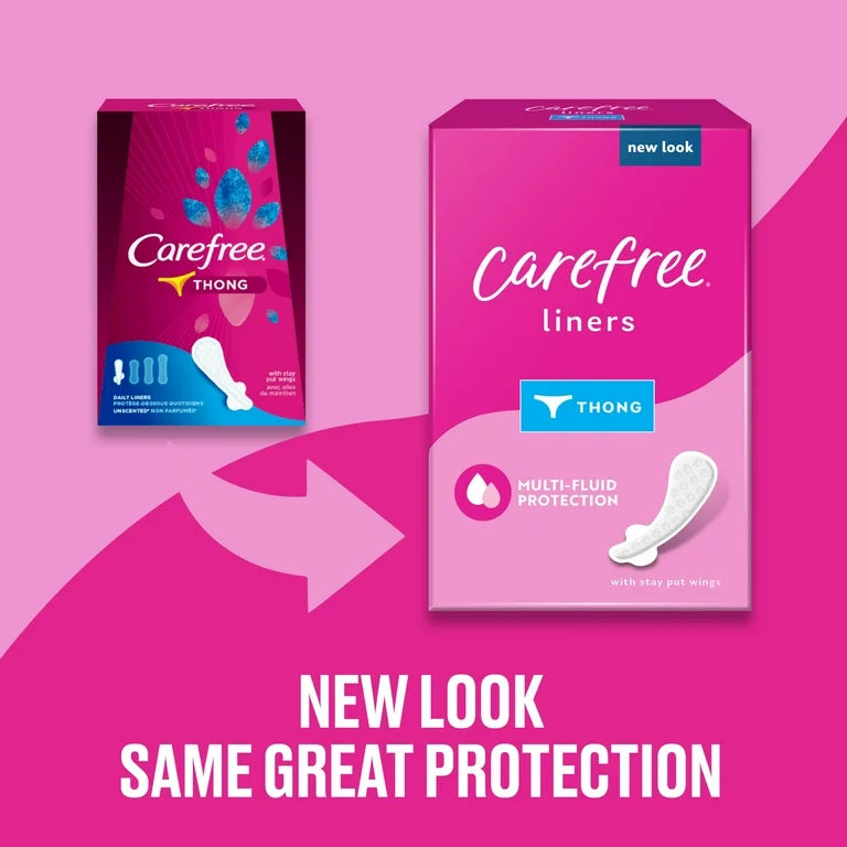 Carefree® Regular Thong Panty Liners With Wings | Multi-Fluid Protection | Flat | Unscented ~ 49 Liners