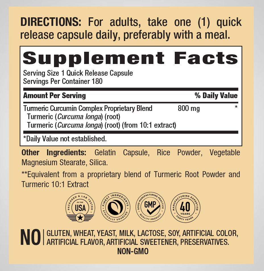 PipingRock Turmeric Curcumin 800mg | 800mg per Capsule | Anti-Inflammatory | 180 Capsules; Exp 09/2026