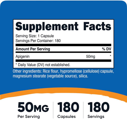 Nutricost Apigenin 50mg | For Natural Sleep, Relaxation, Antioxidant & Stress Relief Support | 180 Capsules; Exp 11/2028