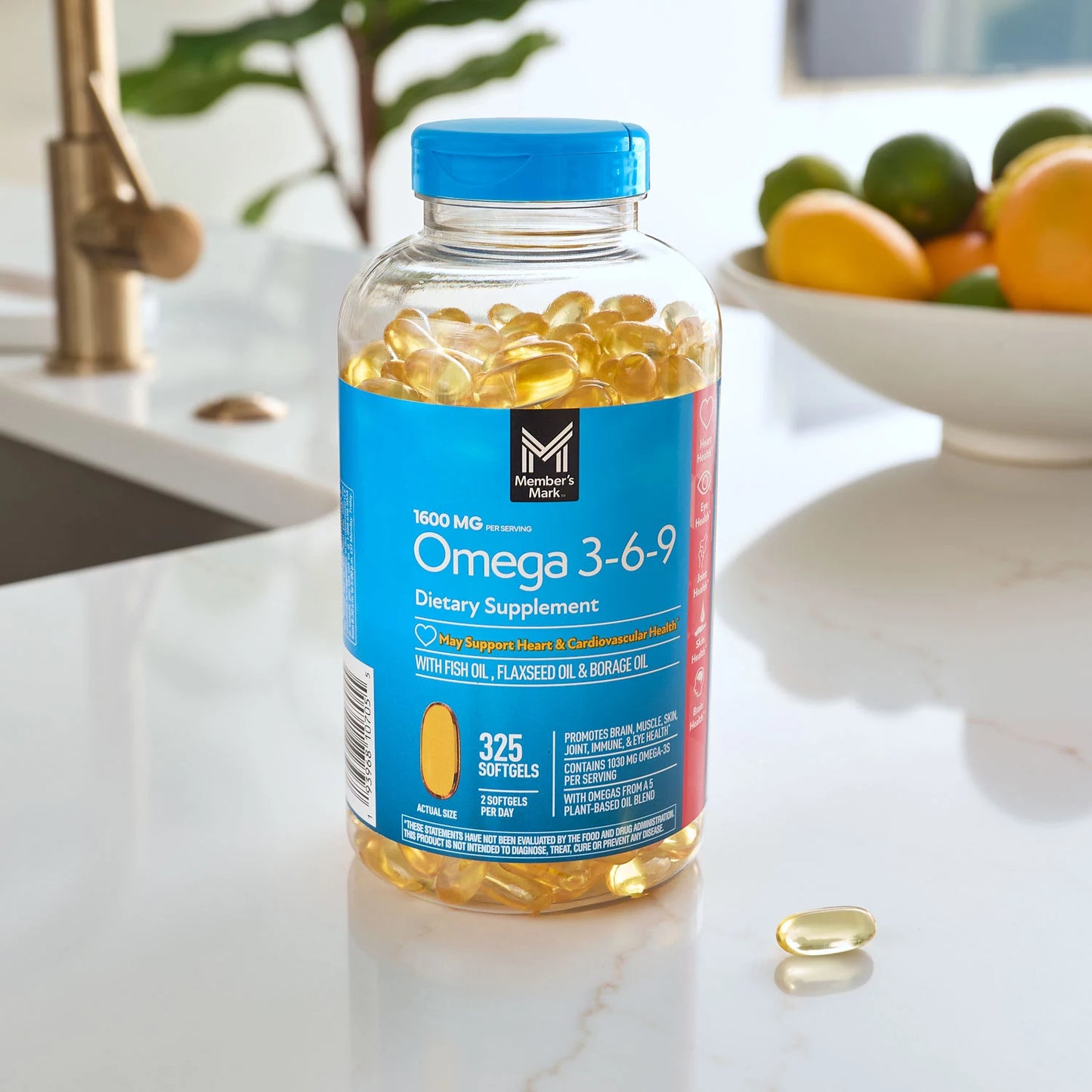 Member’s Mark Omega 3-6-9 1600mg | with Fish Oil, Borage and FlaxSeed Oils | Supports Heart, Brain, Muscle, Skin, Joint, Immune & Health | For Proper Nervous System Function | 325 Softgels; Exp 10/2026