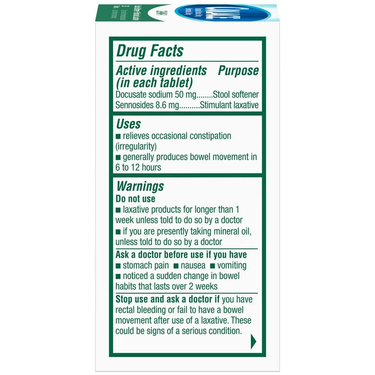 Colace 2-in-1 Stool Softener with Stimulant Laxative | Ducosate Sodium 50mg, Sennosodes 8.6mg | For Adults & Children above 2 Years Old | 30 Tablets; Exp 06/2027