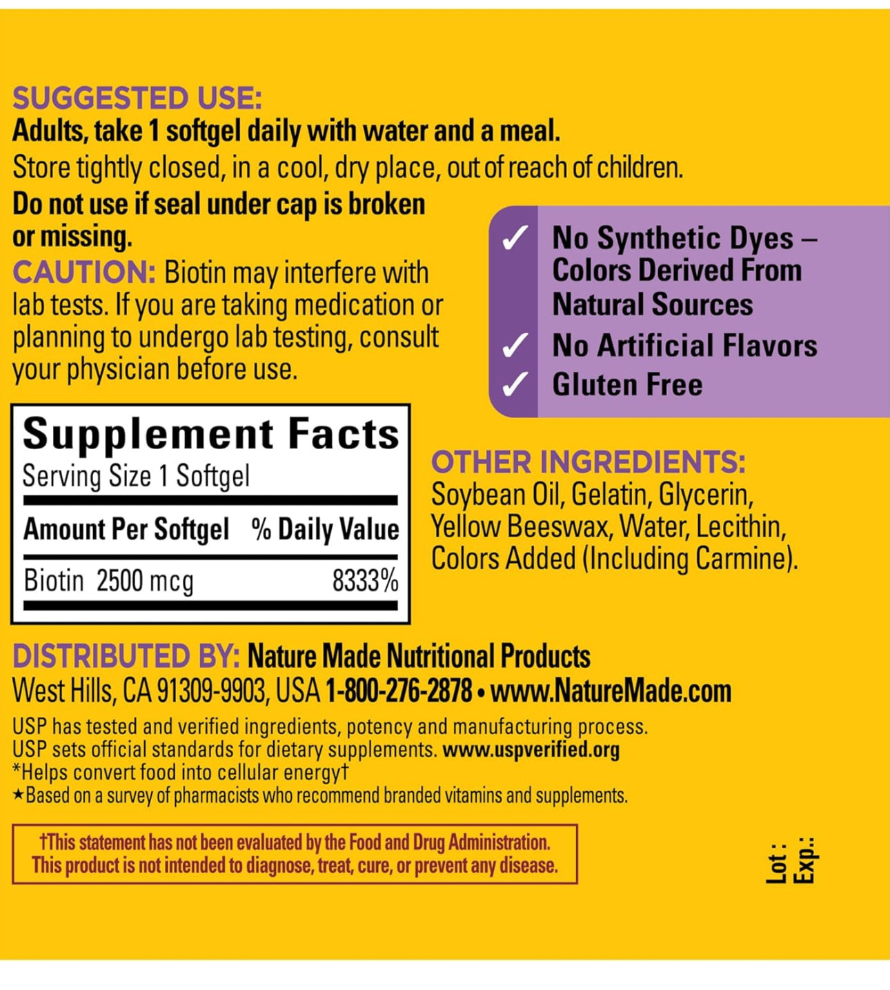 Nature Made Extra Strength Biotin 2500 mcg | 150 Day Supply | For Healthy Hair, Skin & Nail Support | 150 Softgels; Exp 02/2026