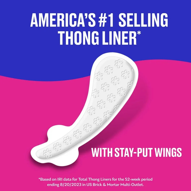 Carefree® Regular Thong Panty Liners With Wings | Multi-Fluid Protection | Flat | Unscented ~ 49 Liners