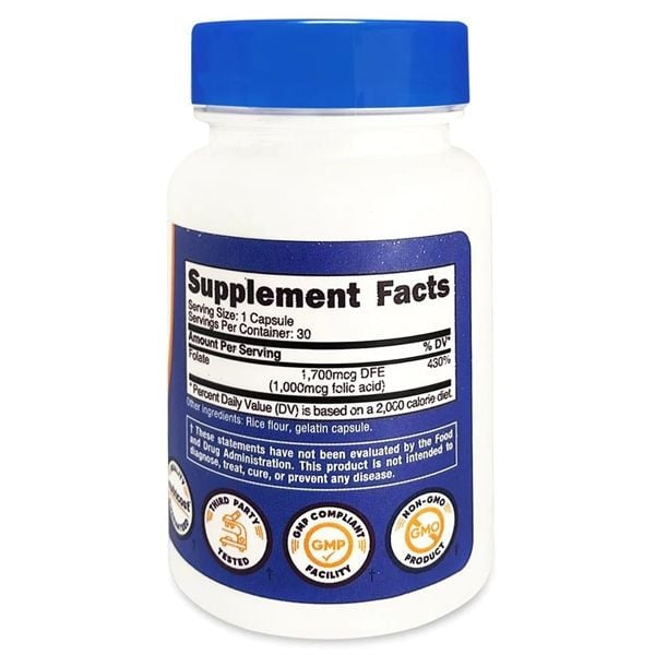Nutricost Folic Acid 1000 mcg (Folate 1700mcg) | Vitamin B9 | Supports Brain Health, Cell Growth & Red Blood Cell Formation | Improves Fertility | Supports Fetal Development | 30 Capsules; Exp 02/2028