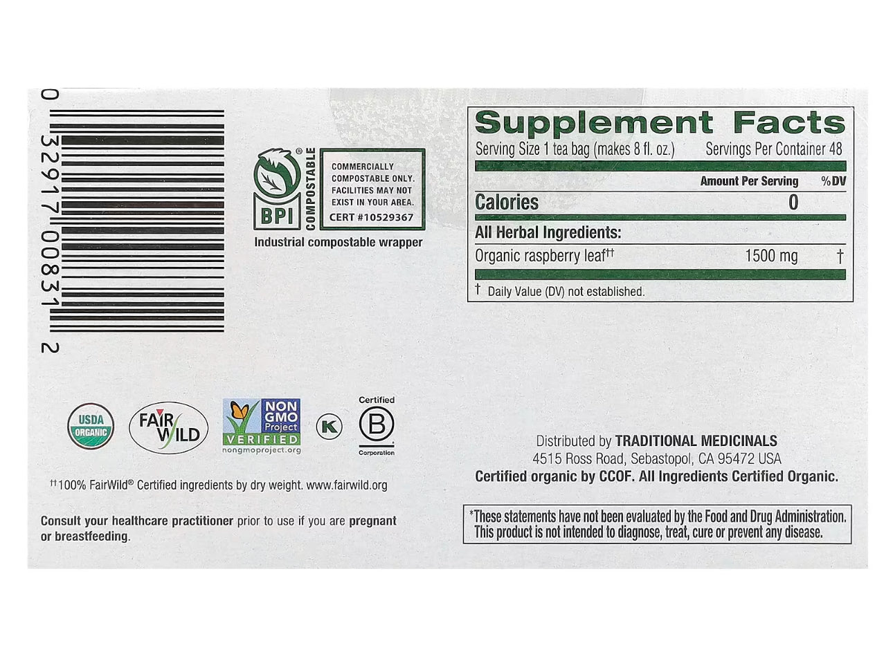Traditional Medicinals Organic Raspberry Leaf Tea | Eases Menstrual Cramps & Supports a Healthy Pregnancy | 48 Tea Bags; Exp 03/2027