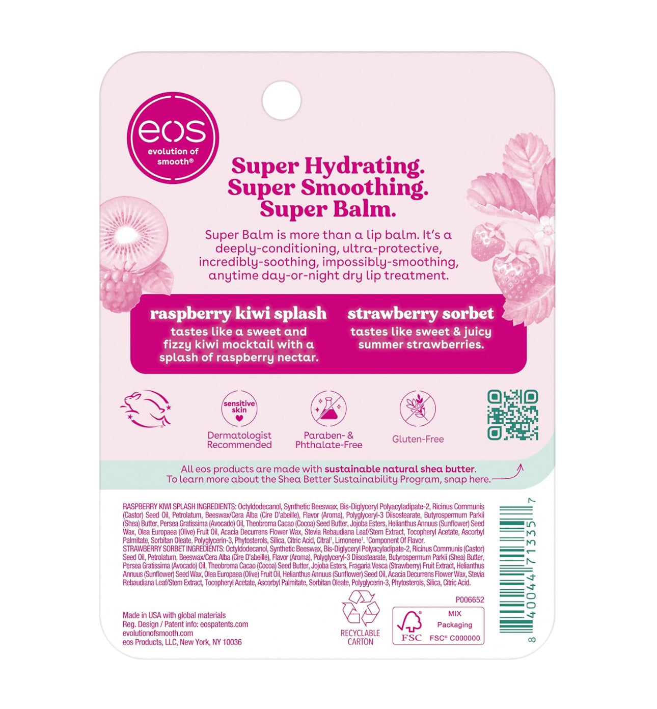 Eos 24HR Moisture Super Balm | Raspberry Kiwi Splash & Strawberry Sorbet Lip Balm Flavours | 0.35 fl oz, 2 Pack