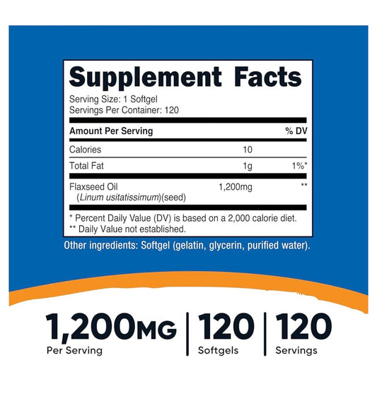 Nutricost Flaxseed Oil 1200mg | Supports Cardiovascular | Promotes Healthy Skin | 120 Softgels; Exp 11/2028