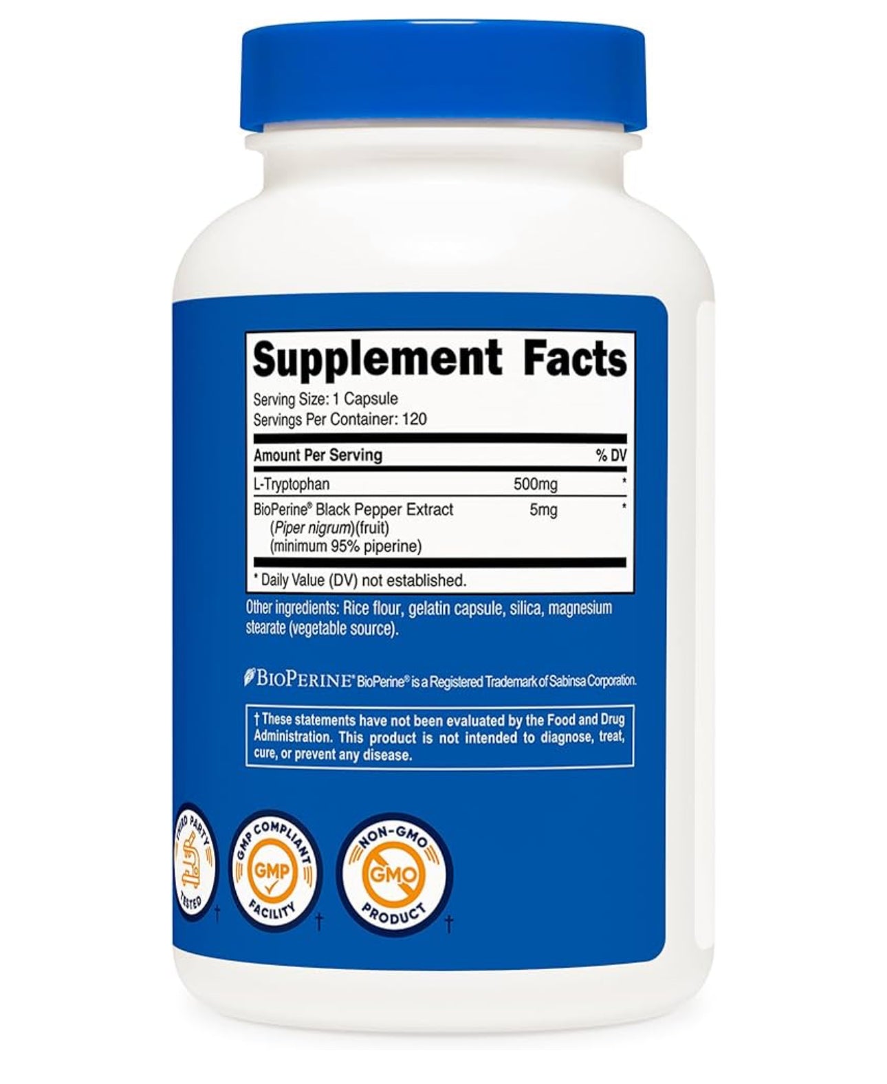 Nutricost L-Tryptophan 500mg + BioPerine for Enhanced Absorption | Critical for the Production of Serotonin & Melatonin | Encourages Positive Mood, Promotes Restful Sleep & Relaxation | 120 Capsules; Exp 04/2028