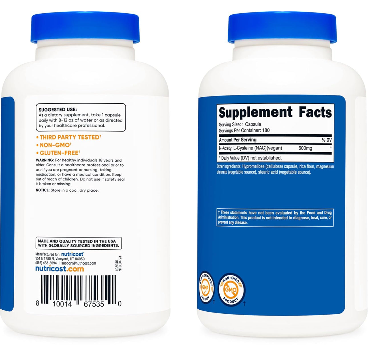 Nutricost NAC N-Acetyl L-Cysteine 600mg | Supports Immune System and Liver Health | Fights Free Radicals | 180 Capsules, Exp 01/2028