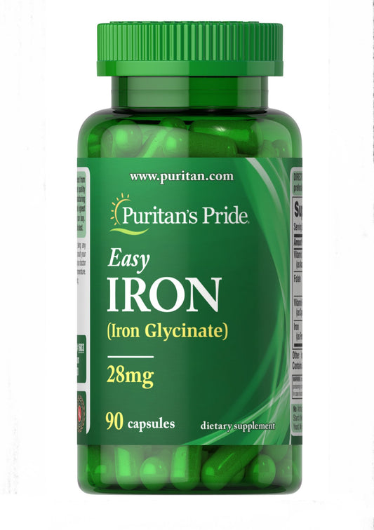 Puritan’s Pride Easy Iron 28mg | Iron Glycinate with Vitamin B-12, Vitamin C & Folate | Gentle on the Stomach | Supports Red Blood Cell Production | 90 Capsules; Exp 02/2028