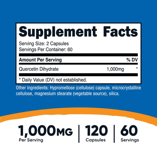 Nutricost Quercetin 1000mg | 60 Day Supply | Anti-Inflammatory | Promotes Normal Respiratory Function | 120 Capsules; Exp 09/2028