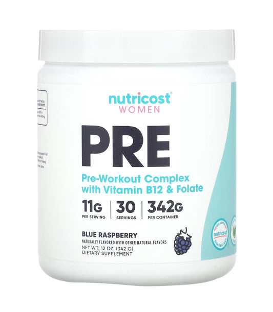 Nutricost Women Pre-Workout Complex With Thiamine, Niacin, B6, Vitamin B12, Folate, Taurine | Boost Energy | Increase Exercise Intensity | Increase Endurance | Blue Raspberry ~ 12oz/342g; Exp 12/2026
