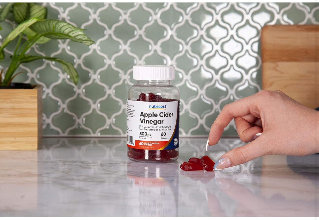 Nutricost Apple Cider Vinegar 500mg with Vitamin B12, Folate, Beet Root Powder & Pomegranate Juice Powder | 60 Servings | Improves Digestion, Gut Health and Controls Appetite | Apple Flavored ACV | 60 Gummies; Exp 10/2027