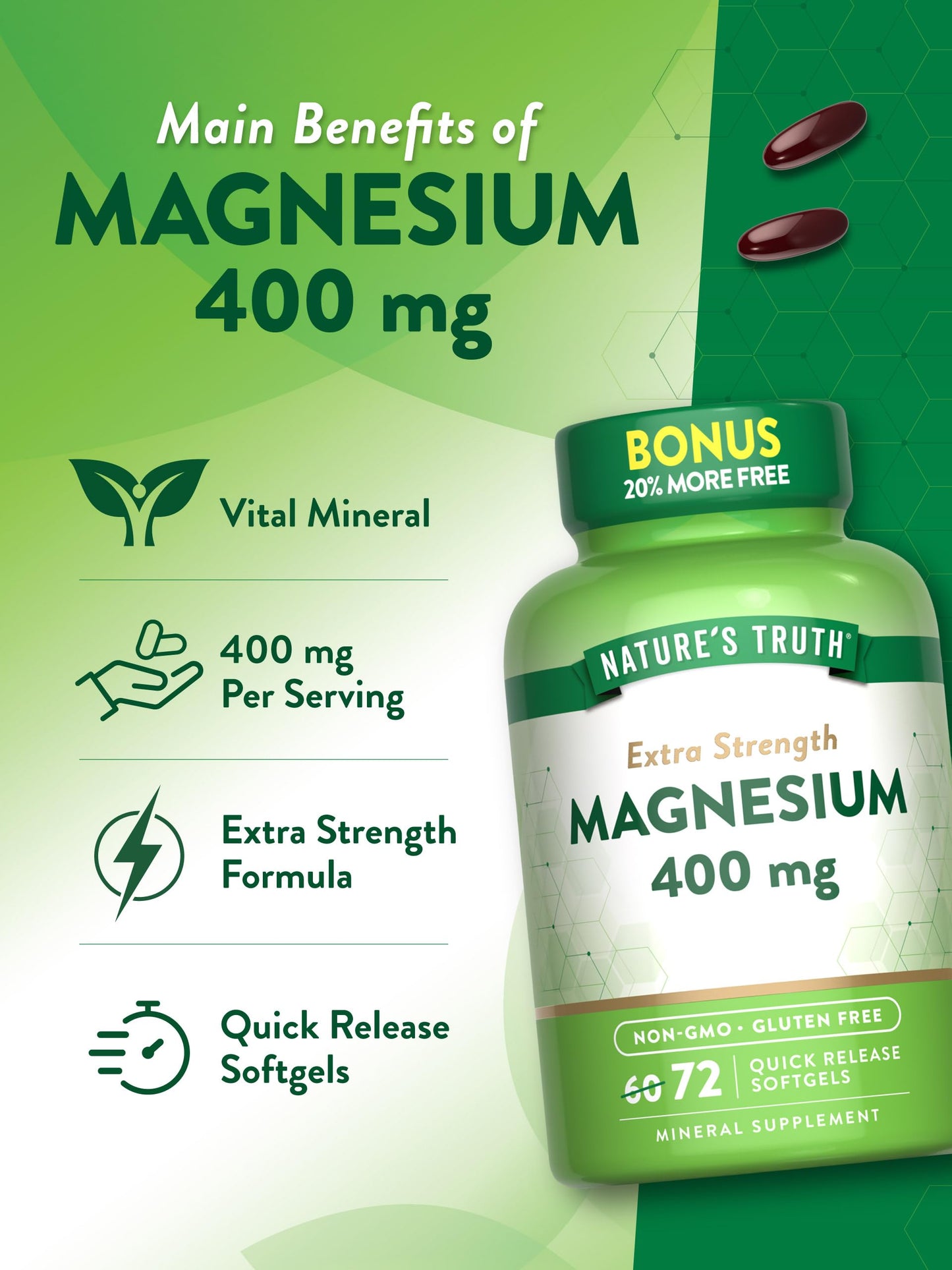 Nature's Truth Magnesium 400mg | Extra Strength - 400mg per Capsule | 72 Quick Release Softgels; Exp 04/2027