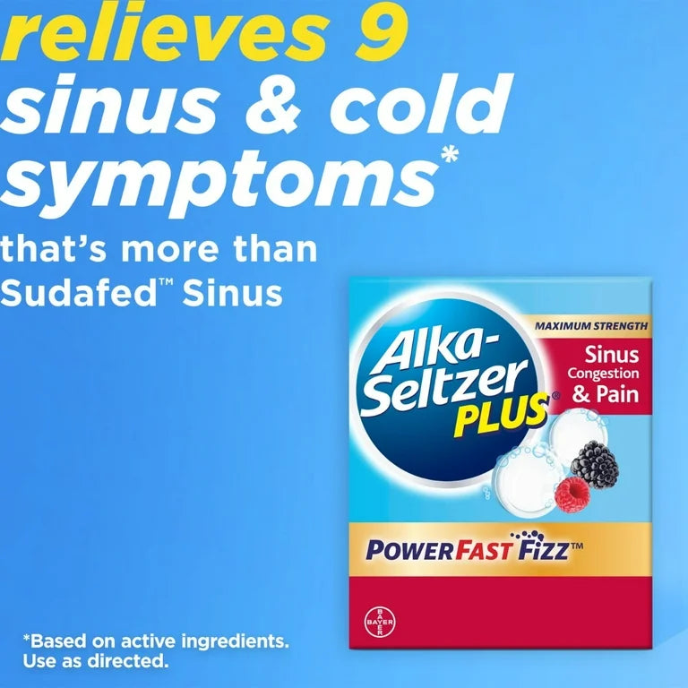 Alka-Seltzer (by Bayer) Plus Sinus Congestion & Pain | Maximum Strength | PowerFast Fizz Berry - 24 Effervescent Tablets; Exp Oct/2025