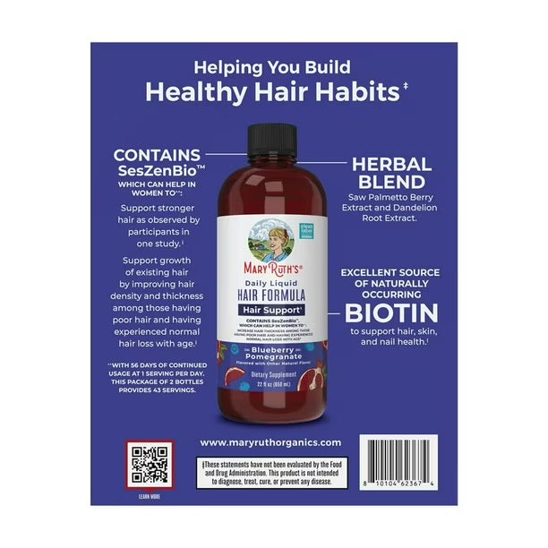 MaryRuth's Daily Liquid Hair Formula | Supports Hair Growth | Blueberry Pomegranate Flavor ~ 22 fl.oz; Exp 06/2027