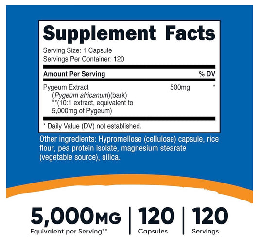 Nutricost Pygeum Extract 5000mg | For Men Seeking Prostate, Bladder, & Urinary Tract Support | 120 Capsules; Exp 12/2028
