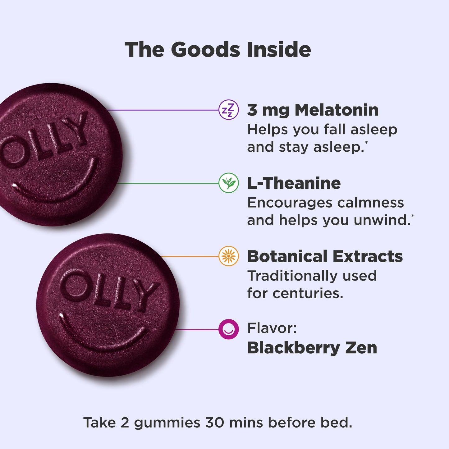 OLLY Sleep Gummy | 3mg Melatonin, L-Theanine, Chamomile, Lemon Balm | Drug-free Sleep Aid | Occasional Sleep Support | Blackberry Zen ~ 50 Gummies; Exp 05/2026