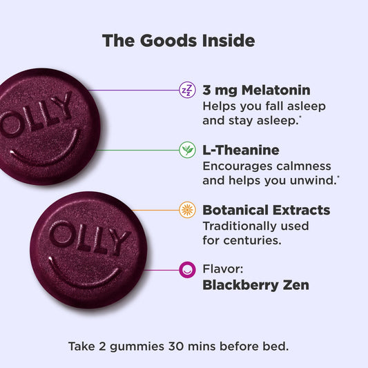 OLLY Sleep Gummy | 3mg Melatonin, L-Theanine, Chamomile, Lemon Balm | Drug-free Sleep Aid | Occasional Sleep Support | Blackberry Zen ~ 50 Gummies; Exp 10/2026