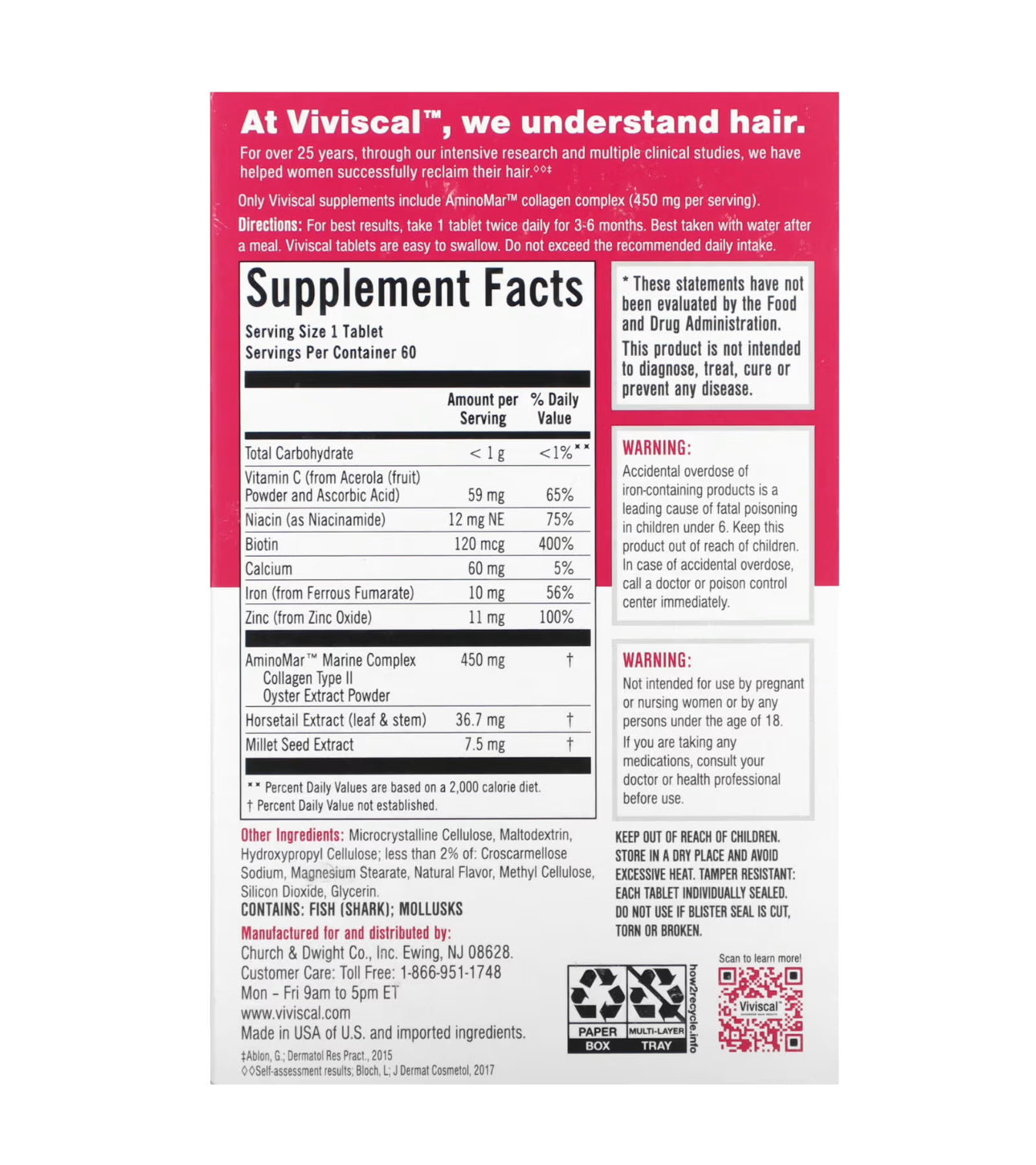 Viviscal Advanced Hair Growth Supplement | For Women For Thicker, Fuller Hair, Nourishes Thinning & Loss | With Proprietary Collagen Complex | 100% Drug Free | 1 Month Supply | 60 Tablets; Exp 04/2026