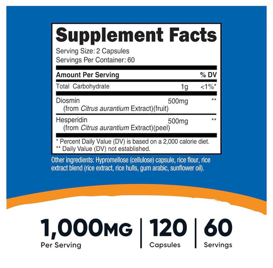 Nutricost Diosmin with Hesperidin 1000mg Complex | 500mg of Diosmin & 500mg of Hesperidin | Supports Healthy Blood Flow in the Legs & Throughout the Body | Supports Blood Vessel Integrity & Cardiovascular Health | 120 Capsules; Exp 06/2029