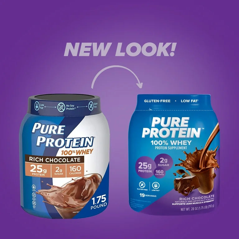 Pure Protein 100% Whey Protein Powder, 25g Protein | Rich Chocolate ~ 1.75 lb/793g; Exp 12/2025