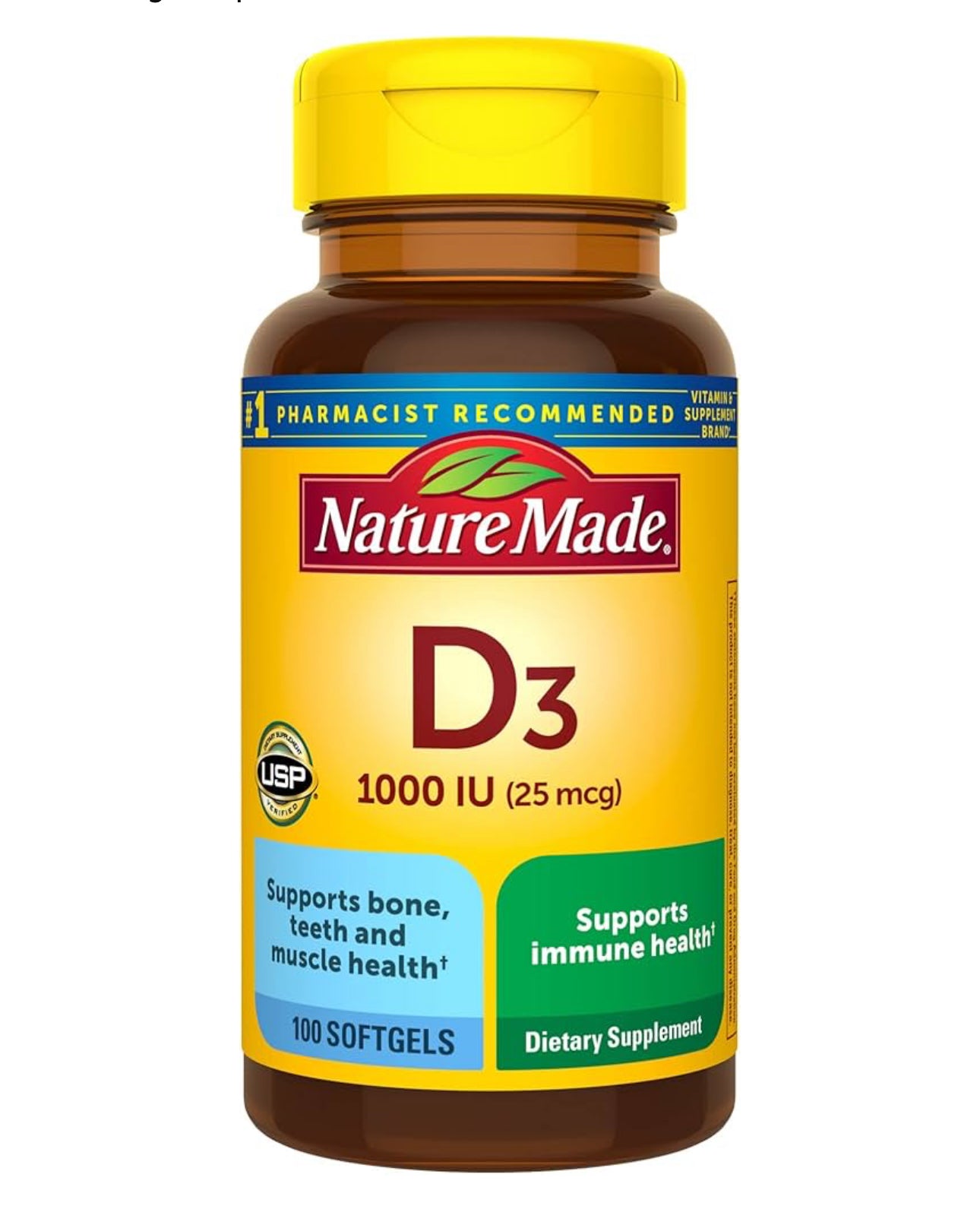 Nature Made Vitamin D3 1000 IU
(25 mcg) | Supports Bone, Teeth, Muscle, Hormone and Immune Health | 100 Day Supply | 100 Softgels; Exp 06/2027