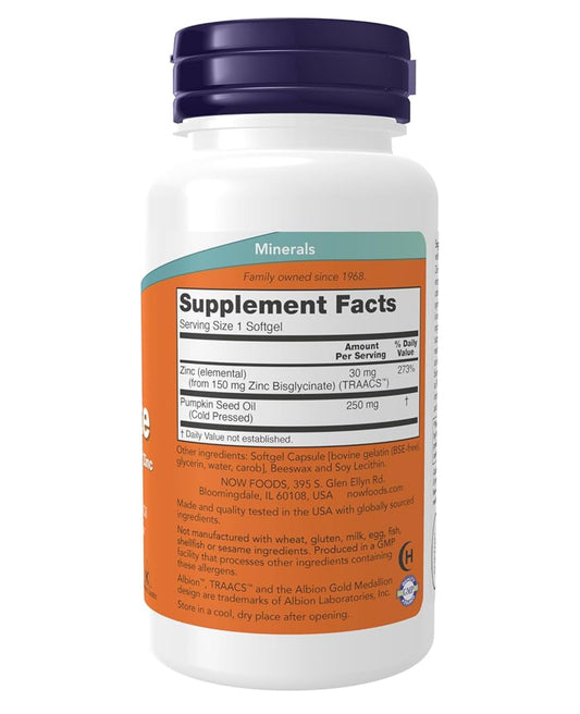 Now Zinc Glycinate 30 mg with 250mg Pumpkin Seed Oil | Supports Prostate Health | Highly Bioavailable Form | 120 Softgels; Exp 05/2031