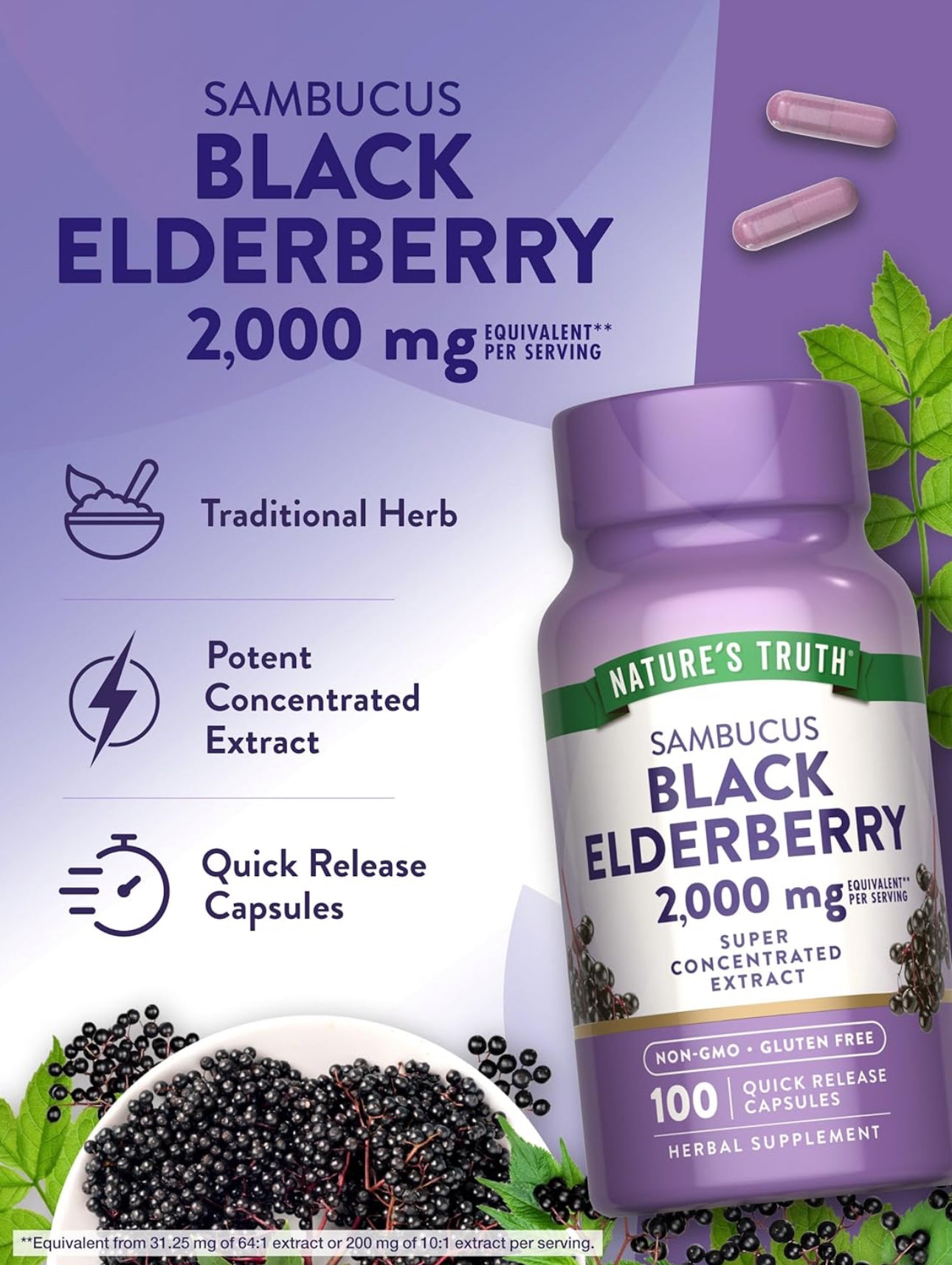 Nature's Truth Black Elderberry | Super Concentrated Sambucus Extract | Immune System Support | 100 Capsules; Exp 05/2027