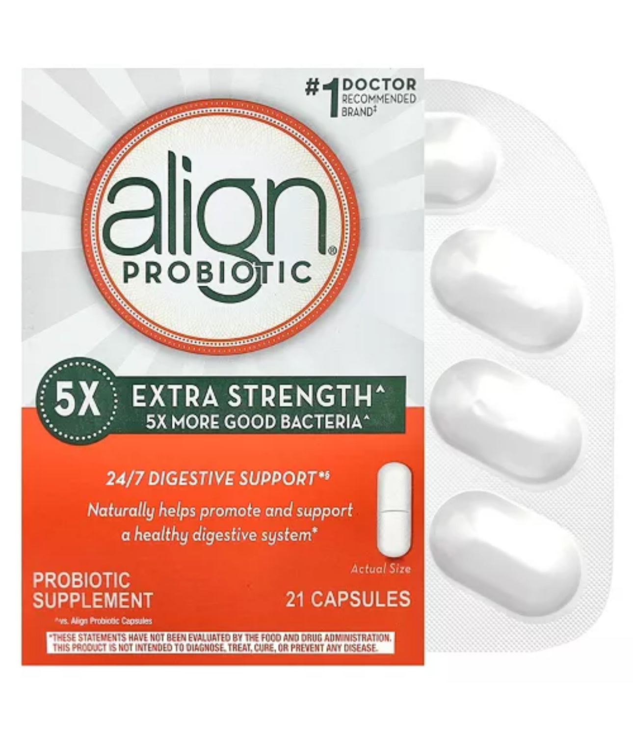 Align Probiotic Extra Strength, 5X More Good Bacteria | Adds Good Bacteria to Support Digestive Balance & Helps Promote Normal Bowel Function | For Women & Men | 21 Capsules; Exp 02/2026