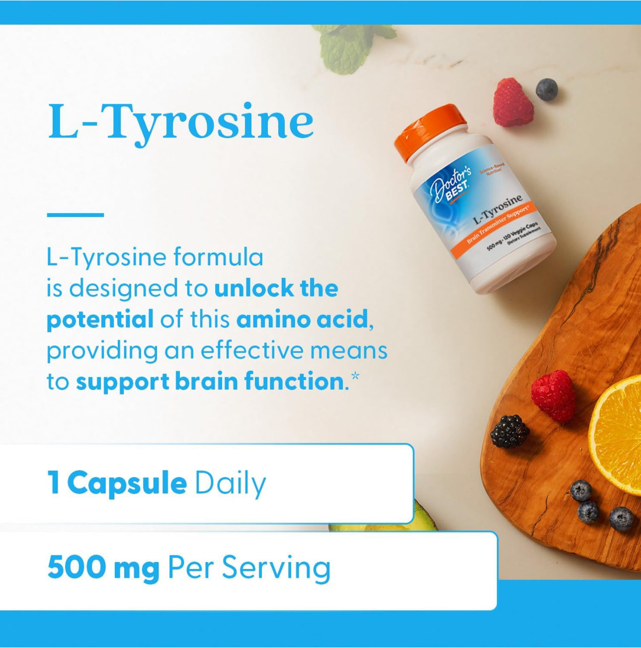 Doctors Best L-Tyrosine 500mg | Brain Transmitter Support | Improves Mood | Promotes Healthy Thyroid Function | 120 Veggie Capsules; Exp 02/2027