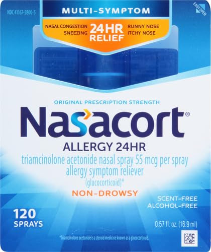 Nasacort 24HR Allergy Nasal Spray for Adults | Triamcinolone Acetone (Glucocorticoid) 55mcg | Non-drowsy & Alcohol-Free, 120 Sprays, 0.57 fl.oz/16.9ml Exp 04/2026