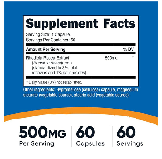 Nutricost Rhodiola Rosea 500mg | Promotes Healthy Energy Levels & Mood | Helps Mind & Body Adapt to Stress of Daily Life | Supports Healthy Brain Function | 60 Capsules; Exp 06/2028