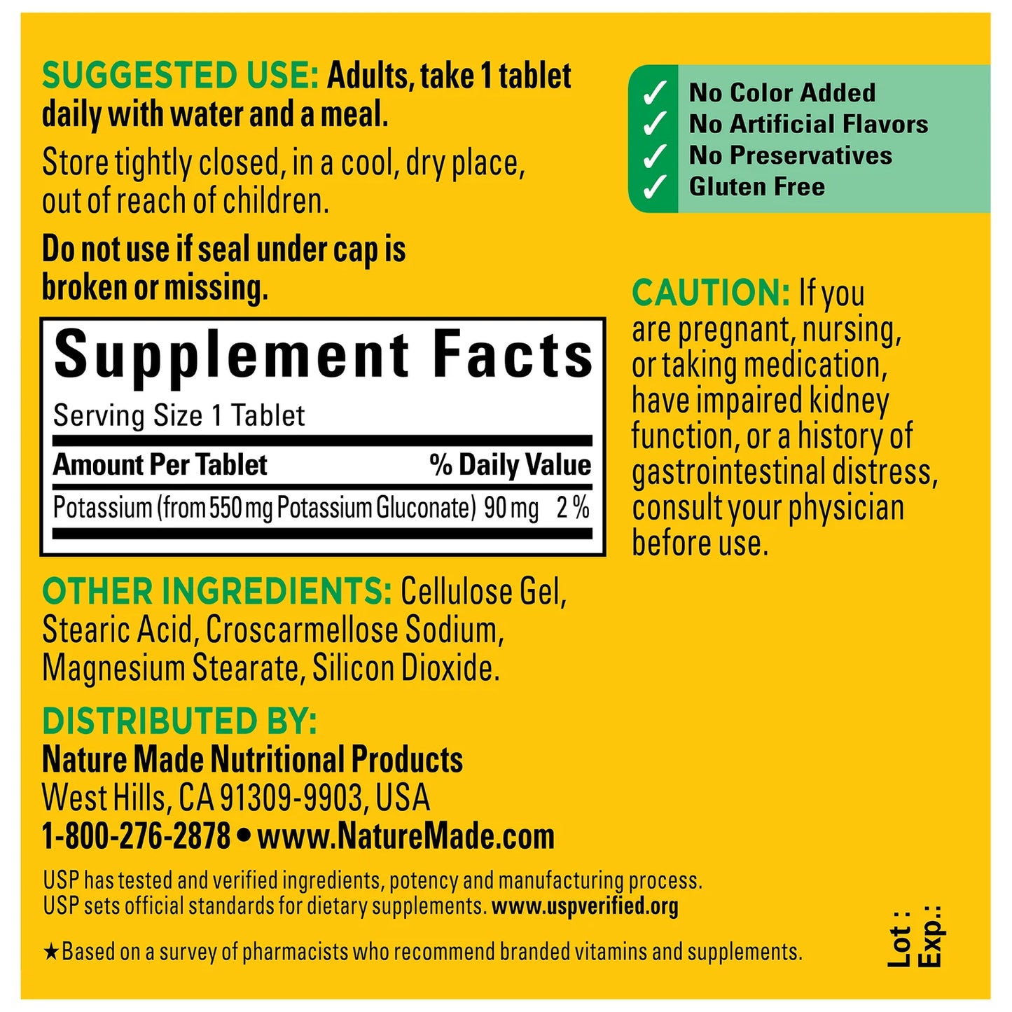 Nature Made Potassium Gluconate 550mg | Helps Support Heart Function | 100 Tablets; Exp 01/2028