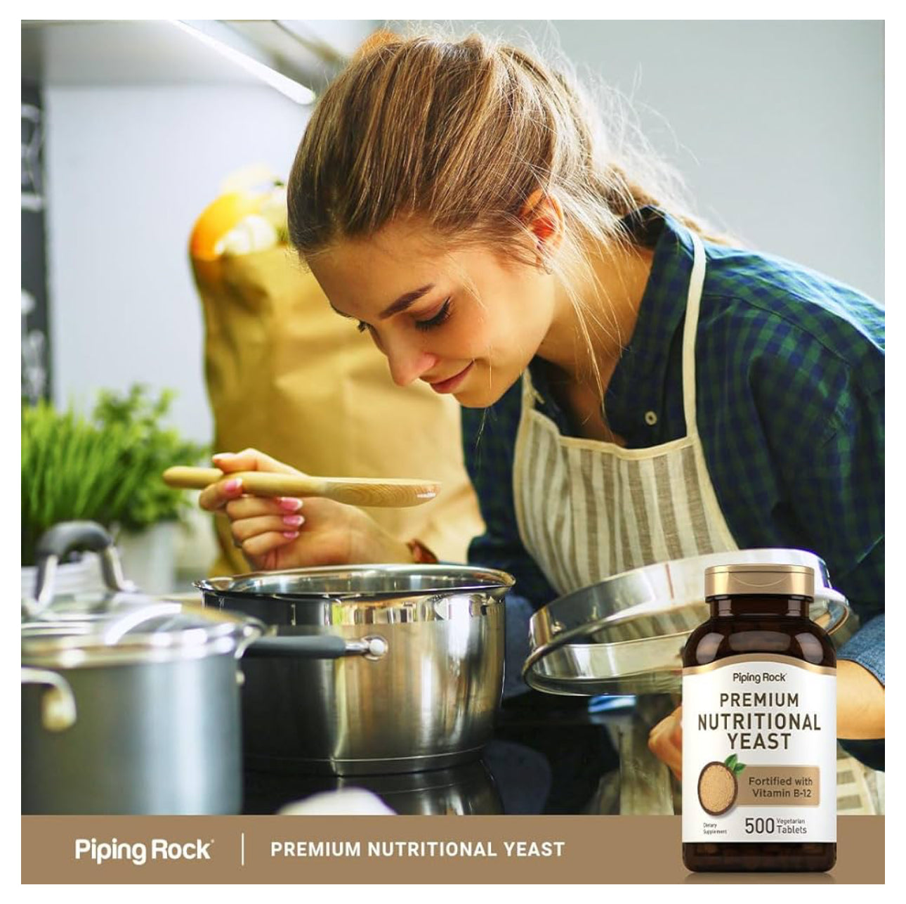PipingRock Nutritional Yeast 2000mg Fortified with Vitamin B12 | Naturally Contains Thiamin (Vitamin B-1), Riboflavin (Vitamin B-2) & Niacin | 500 Tablets; Exp 08/2027