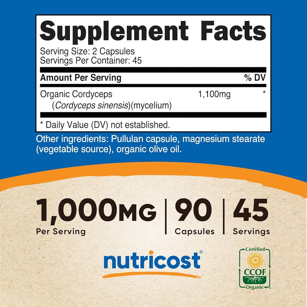 Nutricost Cordyceps Mushroom 1,100mg | 550 mg per Capsule | Reduces Fatigue, Boost Strength & Increases Sex Drive | 90 Capsules, Exp 06/2027