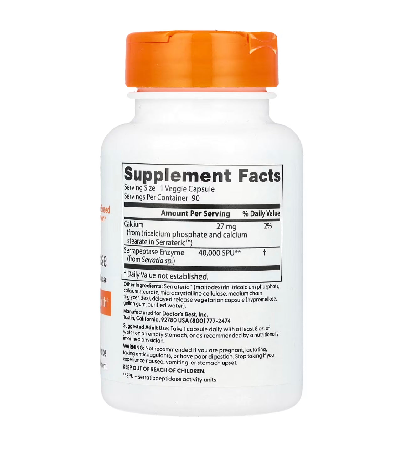 Doctor's Best Serrapeptase 40,000 SPU | Delayed Release | 90 Capsules; Exp 05/2027