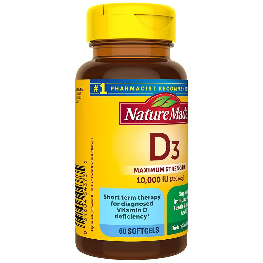 Nature Made Maximum Strength Vitamin D3 10000iu (250 mcg) | 60 Day Supply | Designed for Short-Term Use by Those With Higher Vitamin D Needs and/or Deficiency | 60 Softgels; Exp 10/2025