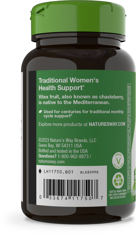 Nature's Way Vitex Fruit 400mg (Chasteberry) | Supports Healthy Menstrual Cycle | 100 capsules; Exp 02/2030
