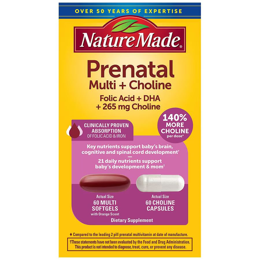 Nature Made Prenatal Multivitamin Softgels + Choline Capsules | Folic Acid + DHA + Choline | 60 Day Supply; Exp 08/2025