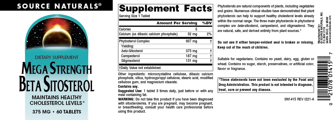 Source Naturals Beta Sitosterol, Mega Strength 375mg | Supports The Heart & Arteries | Maintains Healthy Cholesterol Levels | 60 Tablet 02/2028