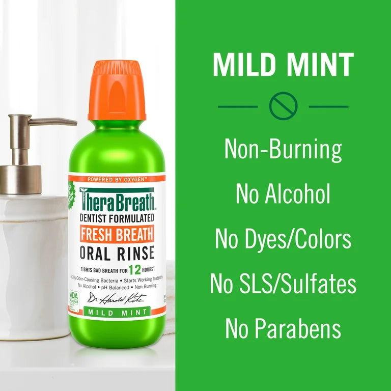 Therabreath Fresh Breath Oral Rinse | Mouth Wash for Bad Breath | Dentist Formulated | Alcohol-Free | Mild Mint 16oz/473ml; Exp 09/2026