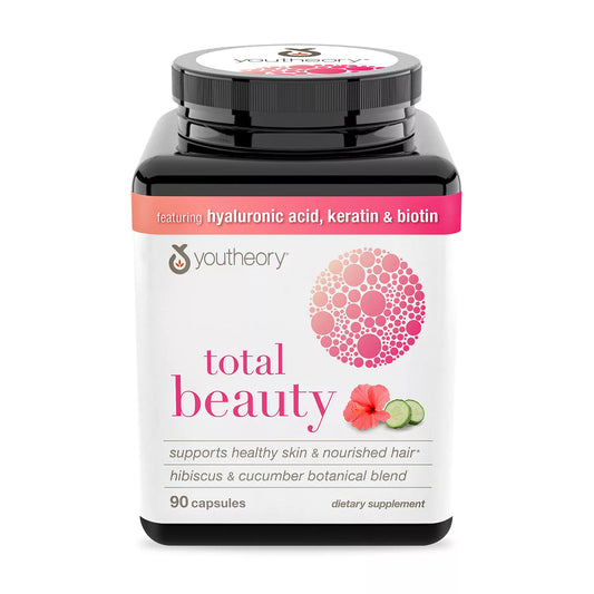 Youtheory Total Beauty Hyaluronic Acid, Collagen Peptides, Keratin & Biotin | 45 Day Supply | with Vitamin B6, Niacinamide, Pantothenic Acid | Supports Healthy Skin & Nourished Hair | 90 Capsules; Exp 10/2025
