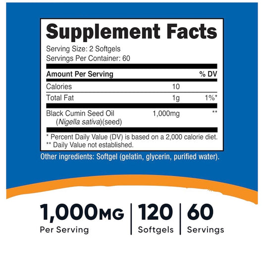 Nutricost Black Seed Oil 1000mg | Cumin Seed | Cold Pressed | Promotes Optimal Immune & Healthy Inflammatory Response | Source of Omega 3-6-9 | 60 Servings | 120 Softgels; Exp 11/2028