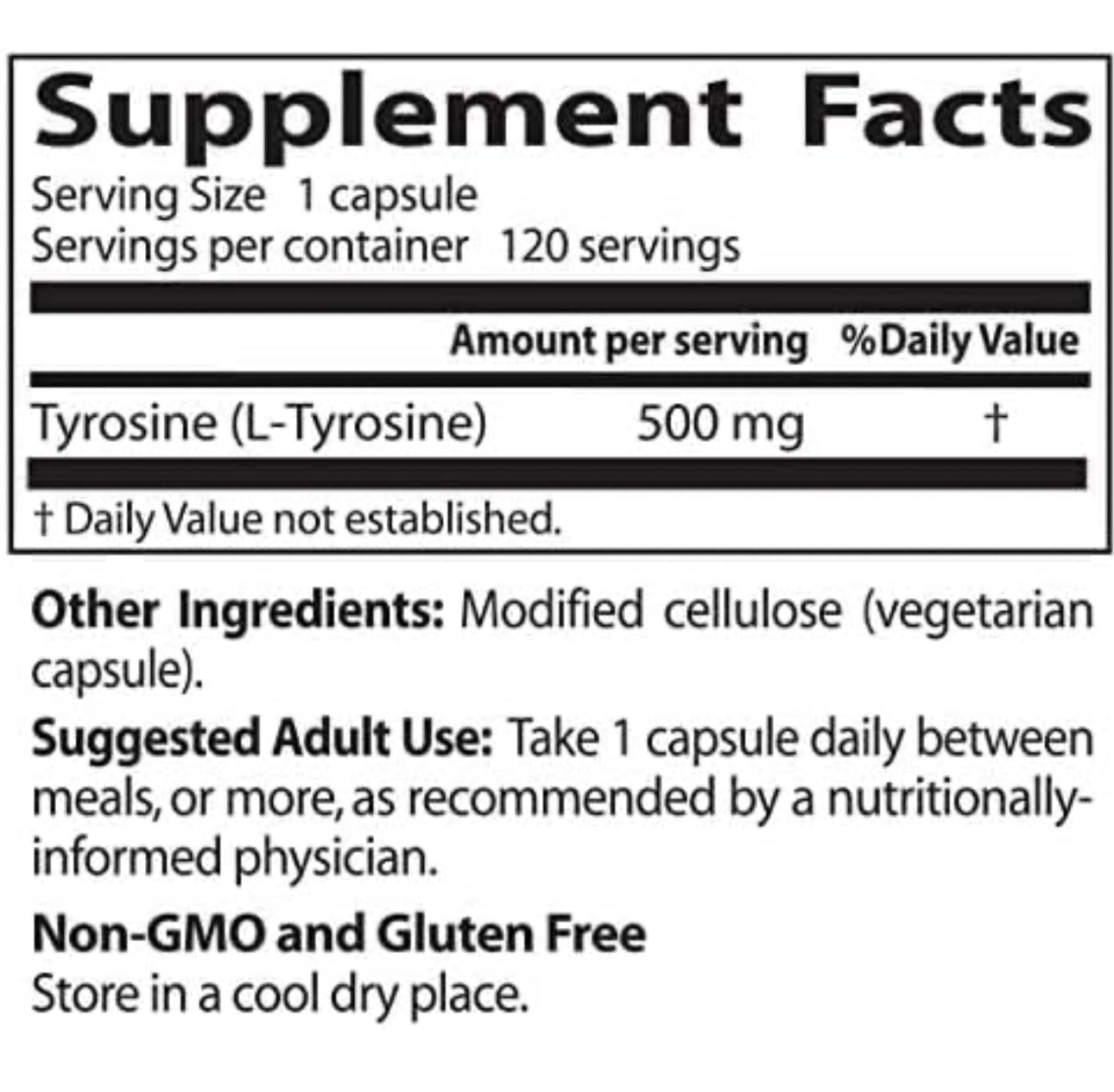 Doctors Best L-Tyrosine 500mg | Brain Transmitter Support | Improves Mood | Promotes Healthy Thyroid Function | 120 Veggie Capsules; Exp 02/2027