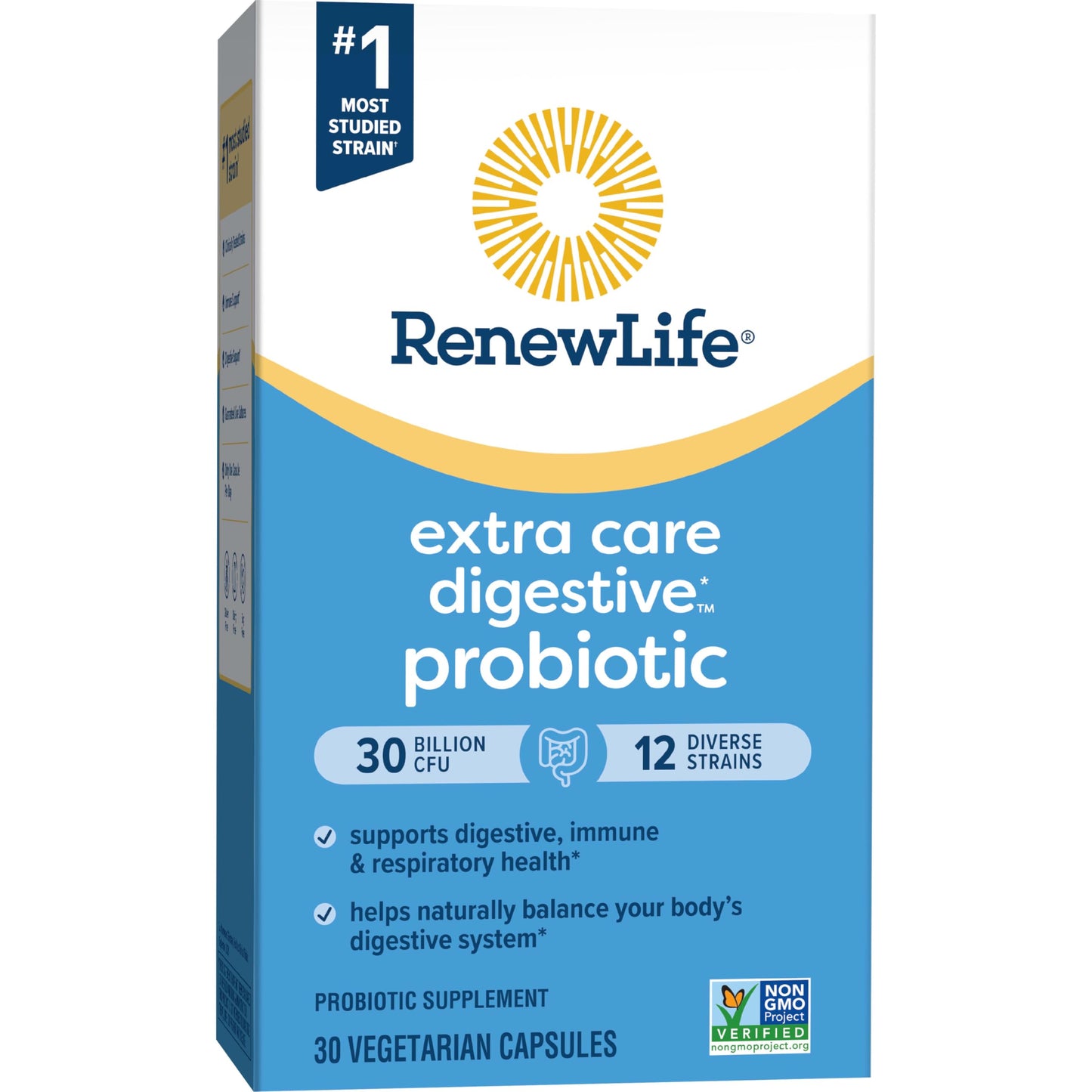 RenewLife Extra Care Digestive Probiotic Go-Pack | 30 Billion CFU | 12 Strains | Promotes Immune, Respiratory and Digestive health for Men and Women | Helps with Bloating, Gas and Bowel Irregularity | 30 Capsules; Exp 10/2025